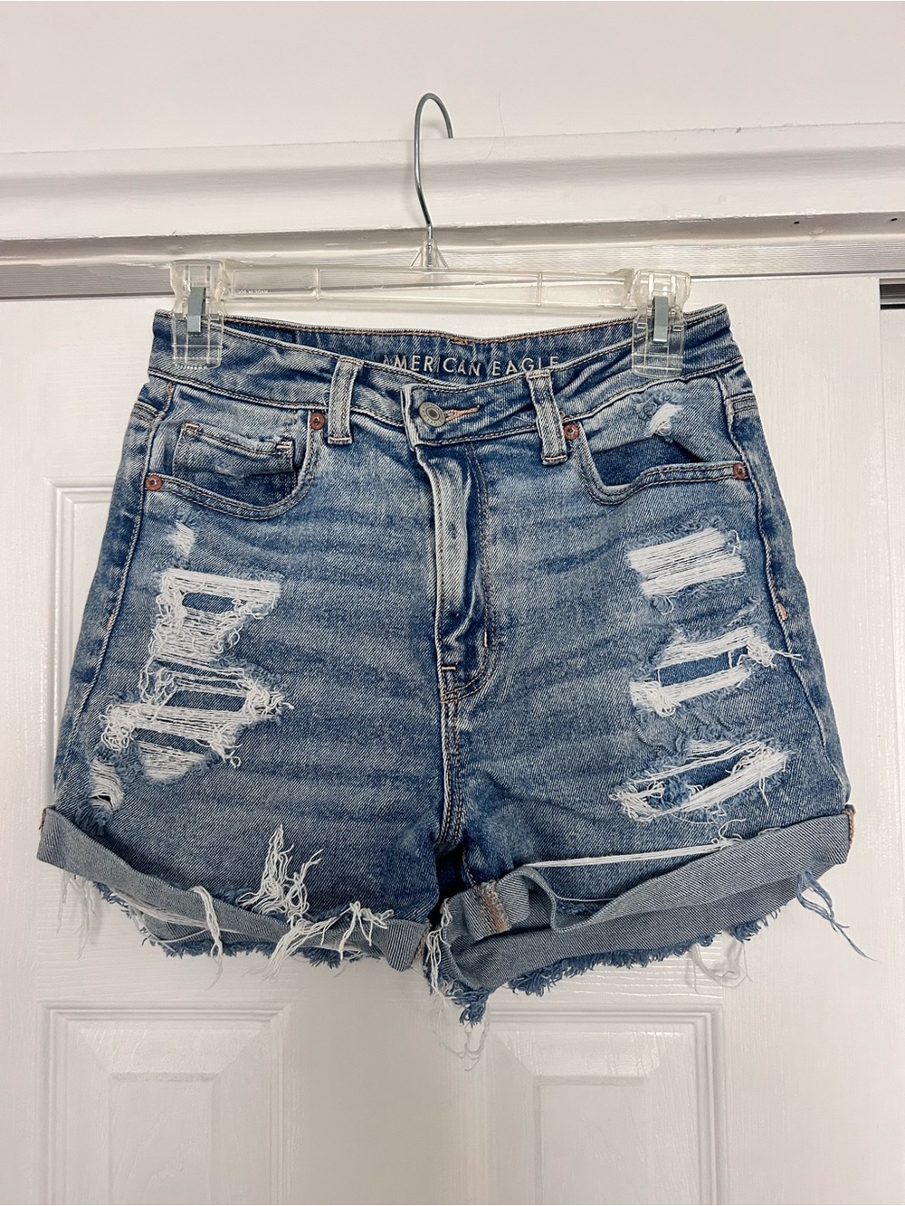 American Eagle Outfitters Distressed High-Rise Jean Shorts - Light Blue